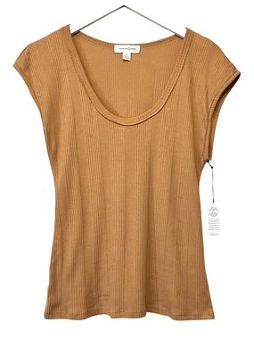 Treasure & Bond Ribbed Knit Top, Scoop Neckline, Cap Sleeves, Color Tan, Size XL